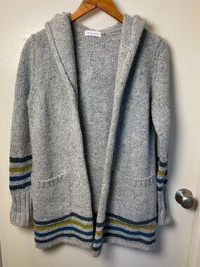 Celtic & Co 100% Wool Hoodie Cardigan Gray Striped Trim Open Front Size Small